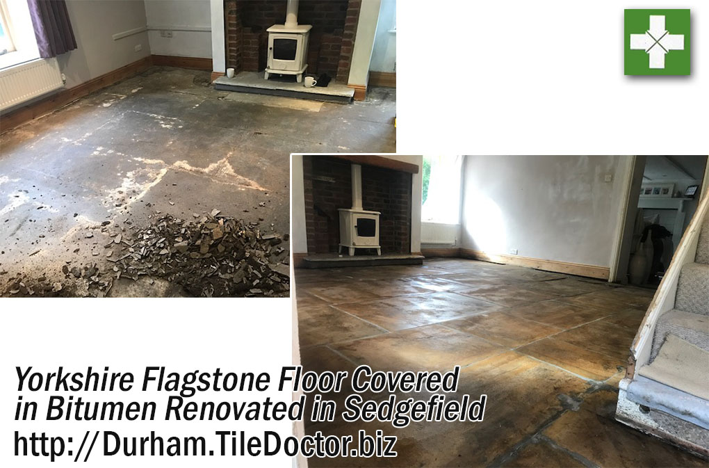 Yorkshire Flagstone Floor Before and After Bitumen Removal in Sedgefield